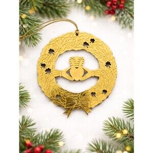 Irish Claddagh Wreath Christmas Ornament Gold Tone Shamrock 3” (RLA Marking)